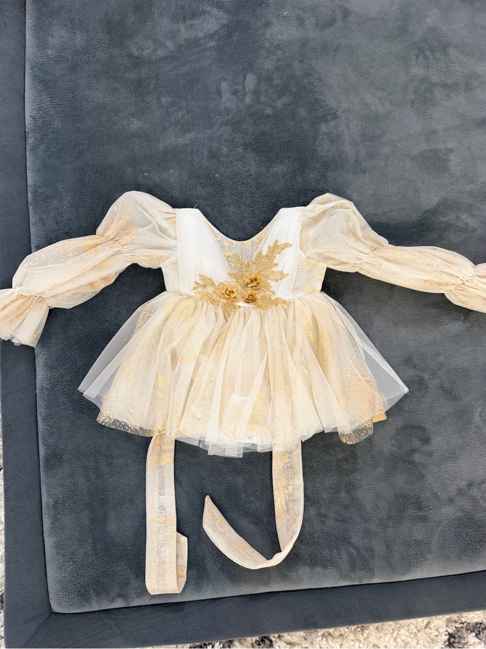 Gold Tulle Floral Applique Party Dress for Girls